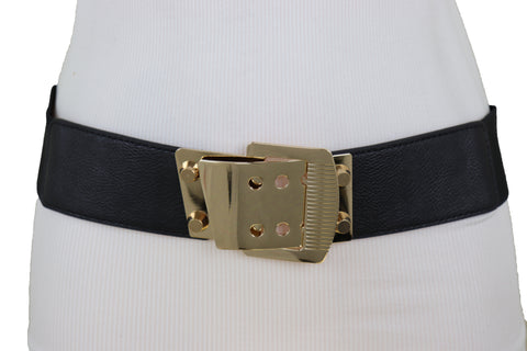 Brand New Women Black Elastic Band Belt High Waist Hip Gold Metal Square Buckle Size S M