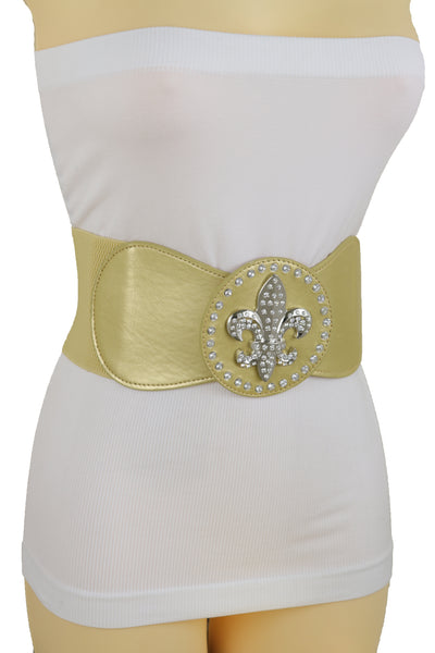 Brand New Women Gold Elastic Corset Fashion Belt Hip Waist Fleur De Lis Lily Flower S M