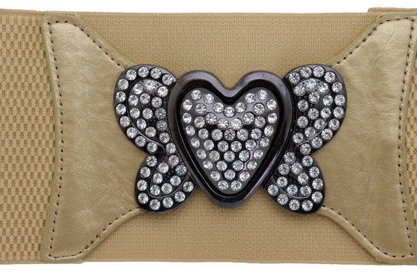 Brand New Women Wide Elastic Gold Fashion Hip High Waist Belt Butterfly Heart Buckle S M