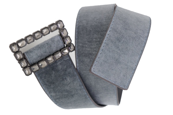 Women Gray Faux Suede Fabric Wide Waistband Belt Bling Square Buckle Size S M