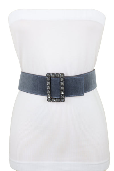 Women Gray Faux Suede Fabric Wide Waistband Belt Bling Square Buckle Size S M