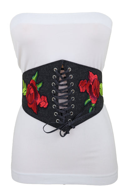 Brand New Women Black Denim High Waist Corset Elastic Band Belt Red Rose Flower Size S M