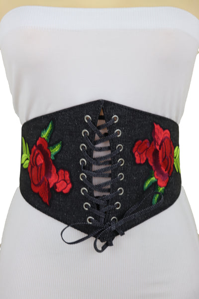 Brand New Women Black Denim High Waist Corset Elastic Band Belt Red Rose Flower Size S M