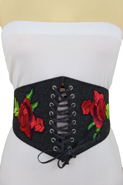 Brand New Women Black Denim High Waist Corset Elastic Band Belt Red Rose Flower Size S M