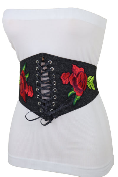 Brand New Women Black Denim High Waist Corset Elastic Band Belt Red Rose Flower Size S M