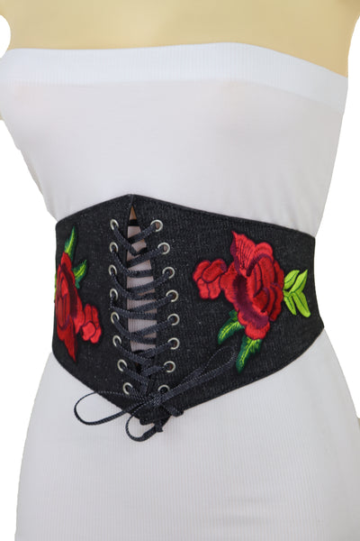 Brand New Women Black Denim High Waist Corset Elastic Band Belt Red Rose Flower Size S M