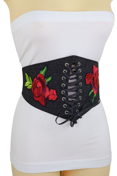 Brand New Women Black Denim High Waist Corset Elastic Band Belt Red Rose Flower Size S M