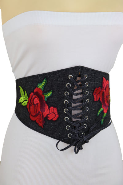 Brand New Women Black Denim High Waist Corset Elastic Band Belt Red Rose Flower Size S M