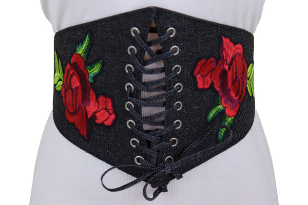 Brand New Women Black Denim High Waist Corset Elastic Band Belt Red Rose Flower Size S M