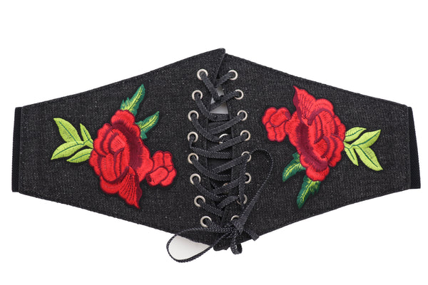Brand New Women Black Denim High Waist Corset Elastic Band Belt Red Rose Flower Size S M