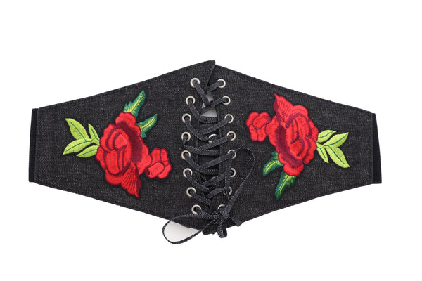 Brand New Women Black Denim High Waist Corset Elastic Band Belt Red Rose Flower Size S M