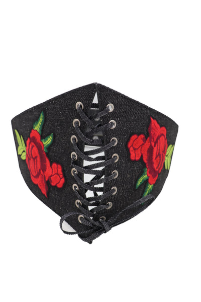 Brand New Women Black Denim High Waist Corset Elastic Band Belt Red Rose Flower Size S M