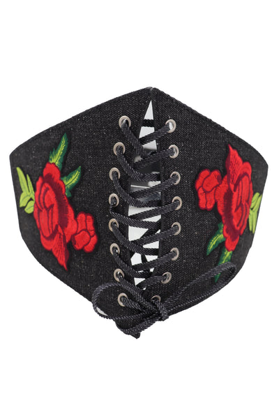 Brand New Women Black Denim High Waist Corset Elastic Band Belt Red Rose Flower Size S M