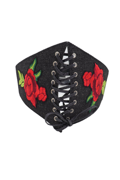 Brand New Women Black Denim High Waist Corset Elastic Band Belt Red Rose Flower Size S M