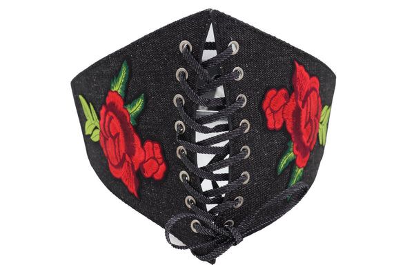 Brand New Women Black Denim High Waist Corset Elastic Band Belt Red Rose Flower Size S M