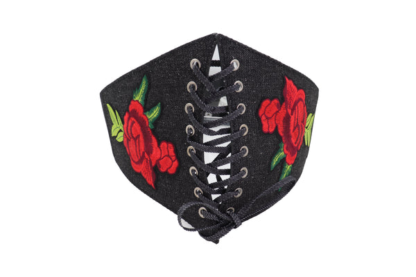 Brand New Women Black Denim High Waist Corset Elastic Band Belt Red Rose Flower Size S M