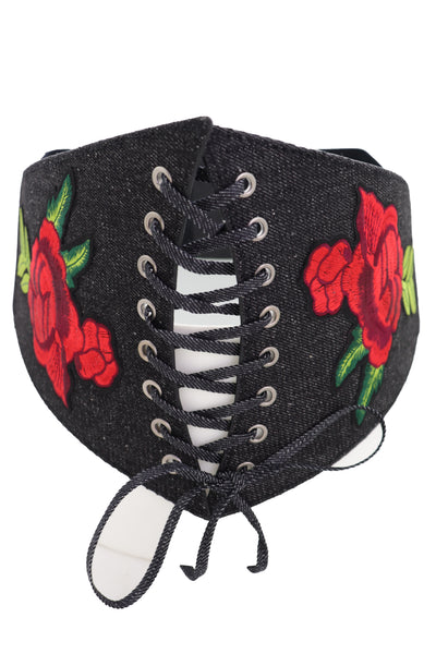 Brand New Women Black Denim High Waist Corset Elastic Band Belt Red Rose Flower Size S M