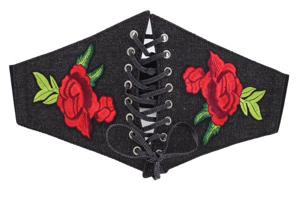 Brand New Women Black Denim High Waist Corset Elastic Band Belt Red Rose Flower Size S M