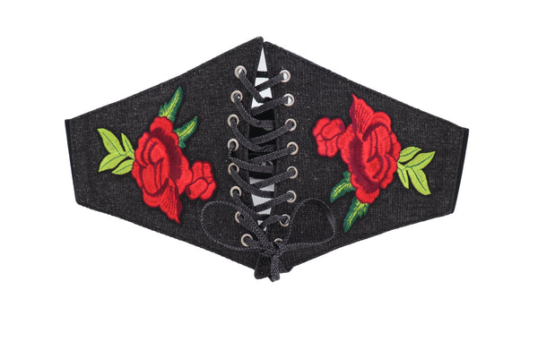 Brand New Women Black Denim High Waist Corset Elastic Band Belt Red Rose Flower Size S M
