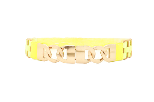 Brand New Women Gold Metal Chain Charm Buckle Neon Yellow Elastic Waistband Belt Size S M