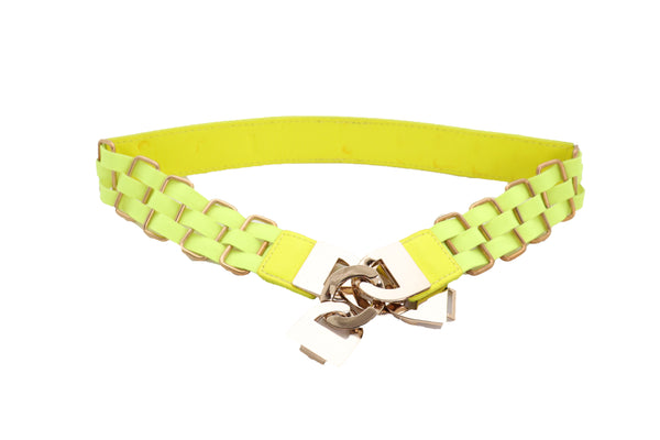 Brand New Women Gold Metal Chain Charm Buckle Neon Yellow Elastic Waistband Belt Size S M