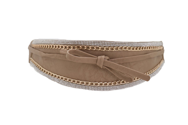 Brand New Women Caramel Beige Wrap Around Wide Waistband Tie Kimono Style Belt Size S M