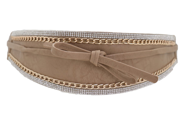 Brand New Women Caramel Beige Wrap Around Wide Waistband Tie Kimono Style Belt Size S M