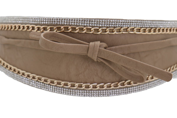 Brand New Women Caramel Beige Wrap Around Wide Waistband Tie Kimono Style Belt Size S M