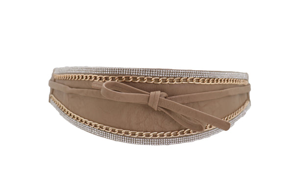 Brand New Women Caramel Beige Wrap Around Wide Waistband Tie Kimono Style Belt Size S M