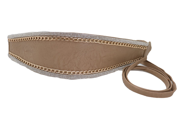 Brand New Women Caramel Beige Wrap Around Wide Waistband Tie Kimono Style Belt Size S M