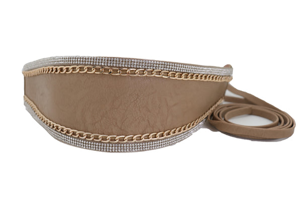 Brand New Women Caramel Beige Wrap Around Wide Waistband Tie Kimono Style Belt Size S M