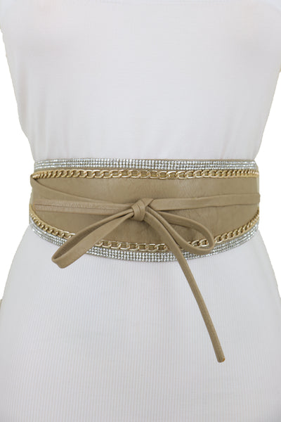 Brand New Women Caramel Beige Wrap Around Wide Waistband Tie Kimono Style Belt Size S M