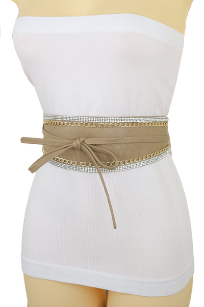Brand New Women Caramel Beige Wrap Around Wide Waistband Tie Kimono Style Belt Size S M