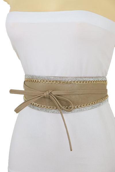 Brand New Women Caramel Beige Wrap Around Wide Waistband Tie Kimono Style Belt Size S M