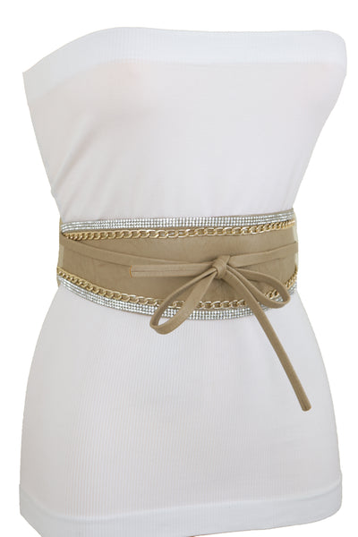 Brand New Women Caramel Beige Wrap Around Wide Waistband Tie Kimono Style Belt Size S M
