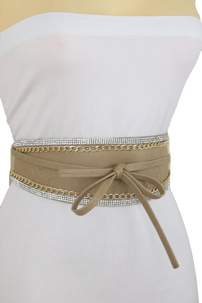 Brand New Women Caramel Beige Wrap Around Wide Waistband Tie Kimono Style Belt Size S M