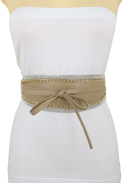 Brand New Women Caramel Beige Wrap Around Wide Waistband Tie Kimono Style Belt Size S M