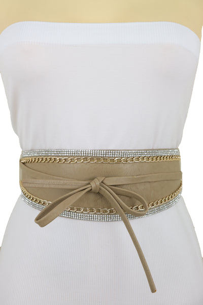 Brand New Women Caramel Beige Wrap Around Wide Waistband Tie Kimono Style Belt Size S M