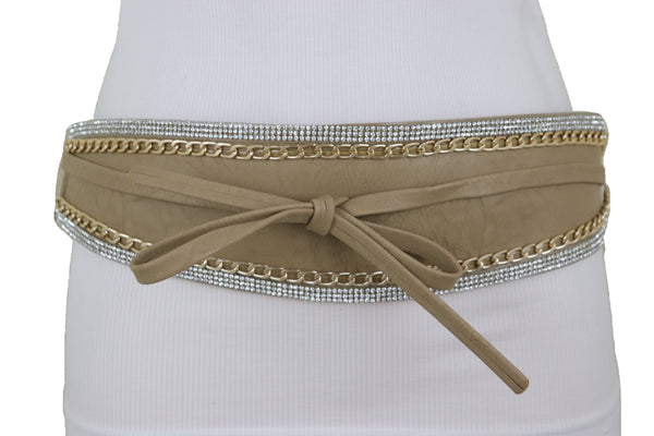 Brand New Women Caramel Beige Wrap Around Wide Waistband Tie Kimono Style Belt Size S M