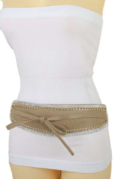 Brand New Women Caramel Beige Wrap Around Wide Waistband Tie Kimono Style Belt Size S M