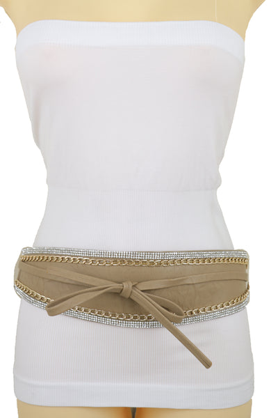 Brand New Women Caramel Beige Wrap Around Wide Waistband Tie Kimono Style Belt Size S M