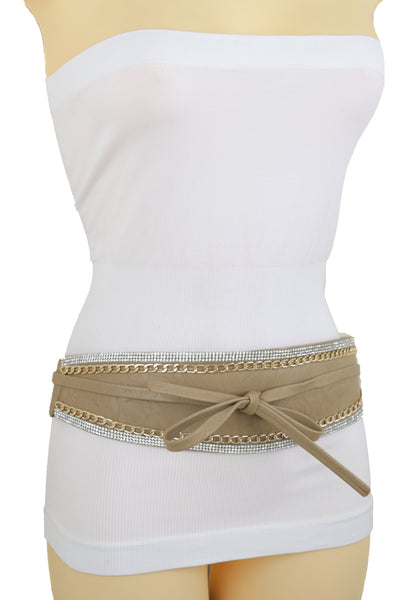 Brand New Women Caramel Beige Wrap Around Wide Waistband Tie Kimono Style Belt Size S M