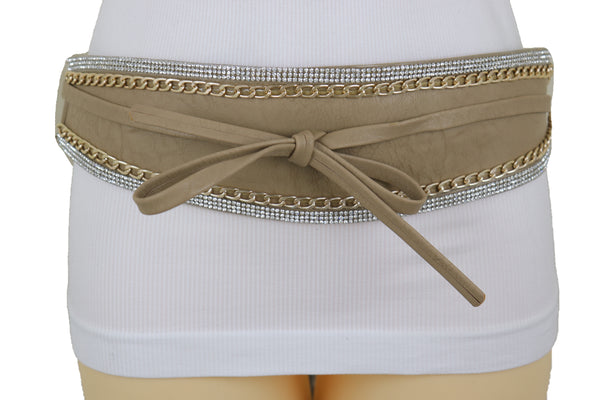 Brand New Women Caramel Beige Wrap Around Wide Waistband Tie Kimono Style Belt Size S M