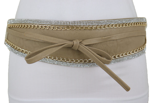 Brand New Women Caramel Beige Wrap Around Wide Waistband Tie Kimono Style Belt Size S M