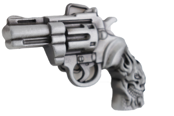 Brand New Men Silver Metal Western Fashion Belt Buckle Revolver Gun Flaming Skull Weapon
