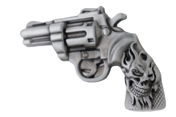 Brand New Men Silver Metal Western Fashion Belt Buckle Revolver Gun Flaming Skull Weapon