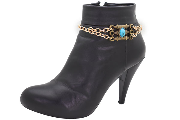 Brand New Women Boot Antique Gold Metal Chain Western Bracelet Shoe Charm Turquoise Bead