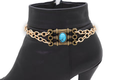 Boot Antique Gold Metal Chain Western Bracelet Shoe Charm Turquoise Bead