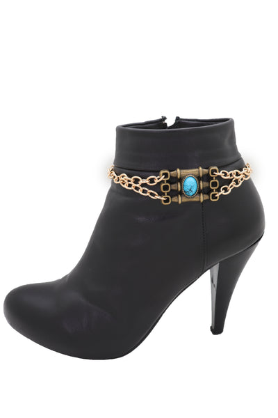Brand New Women Boot Antique Gold Metal Chain Western Bracelet Shoe Charm Turquoise Bead