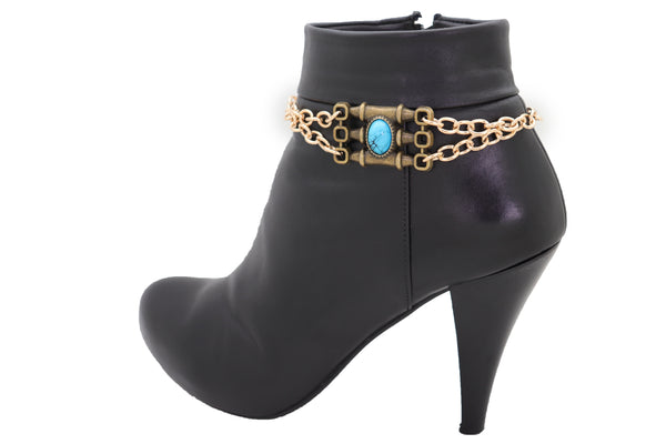 Brand New Women Boot Antique Gold Metal Chain Western Bracelet Shoe Charm Turquoise Bead